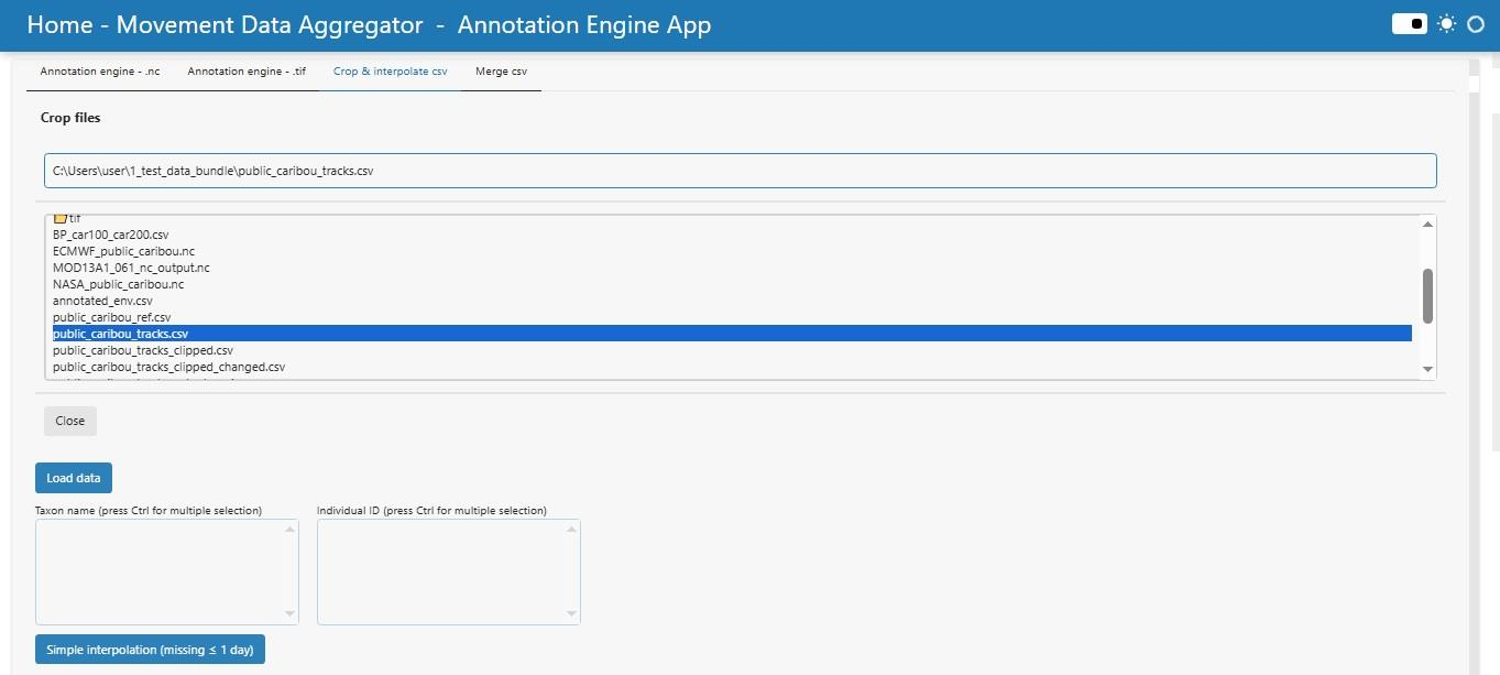 View of the user interface: Crop & Interpolate CSV tab.