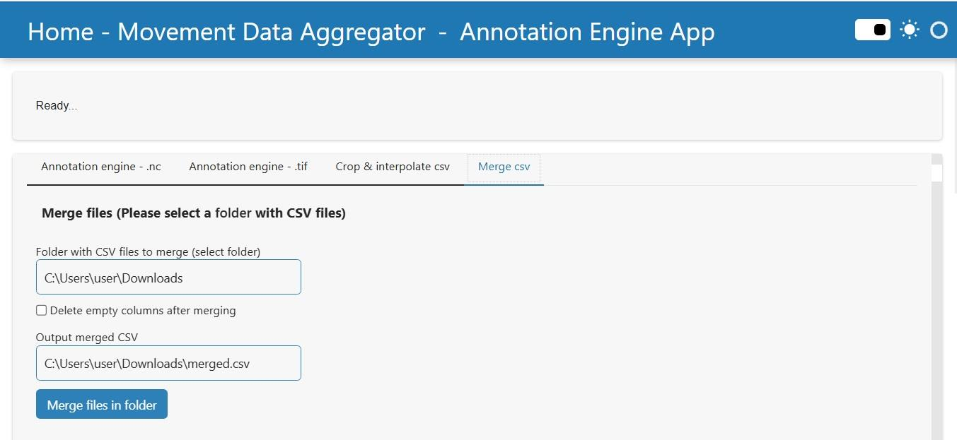 View of the user interface: Merge CSV tab.
