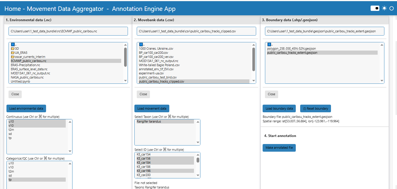 Annotation engine - .nc tab after environmental data, movement data, and boundary data are loaded.