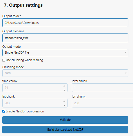 Output settings and action buttons: 7. Output settings.