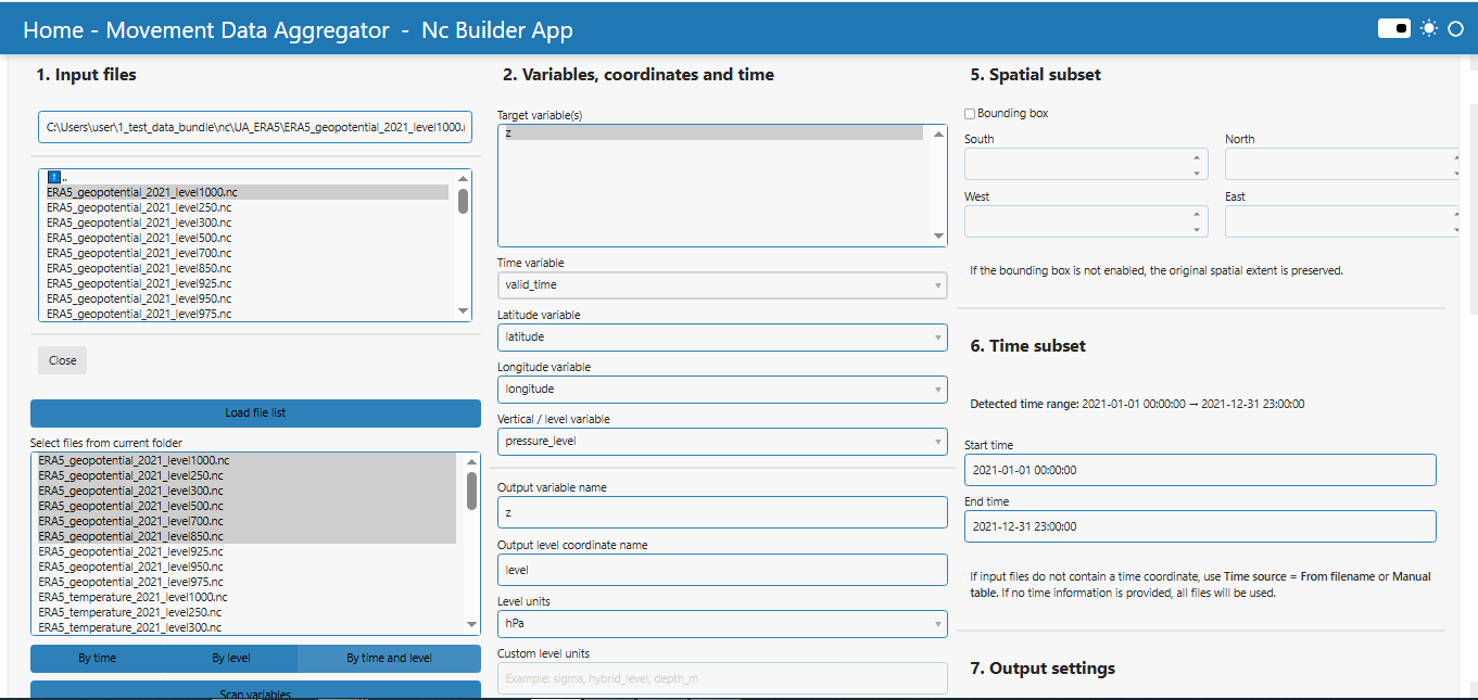 View of the user interface of NetCDF Builder App.