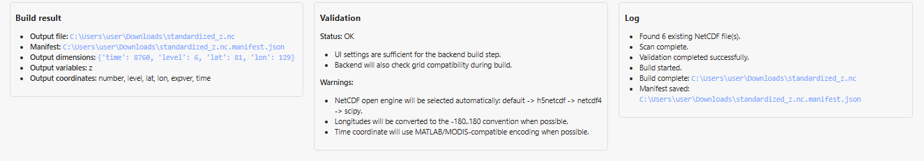 Status panels: Preview, Validation, and Log.