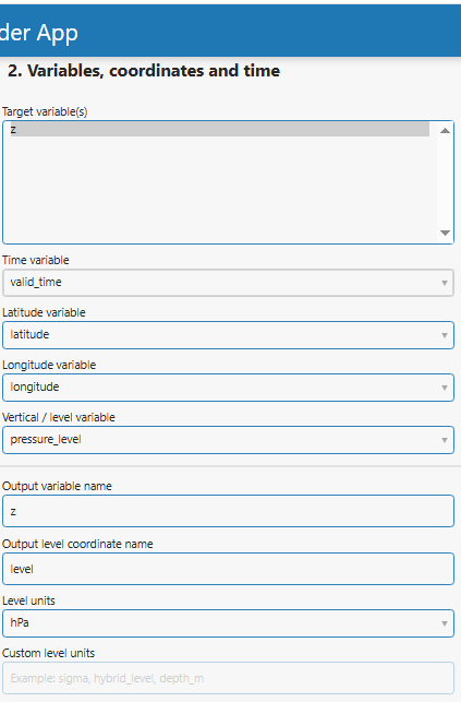 Variables, coordinates and time section.