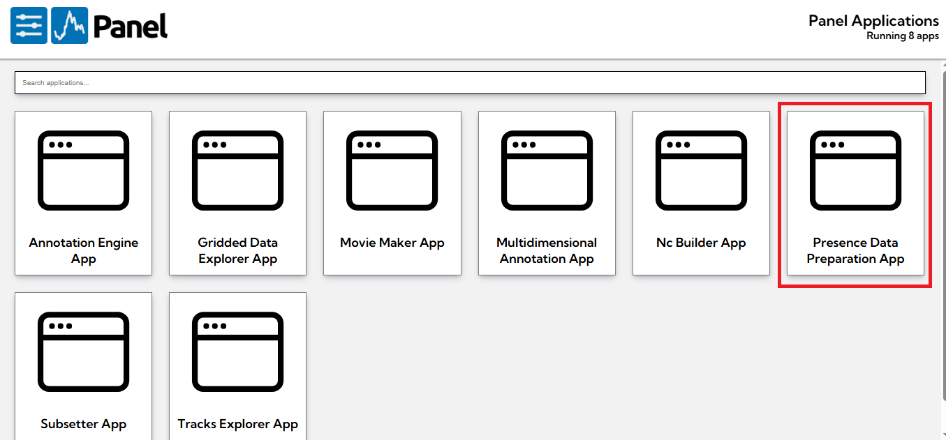 View of the list of Ecodata Prepare Apps with Presence Data Preparation App.